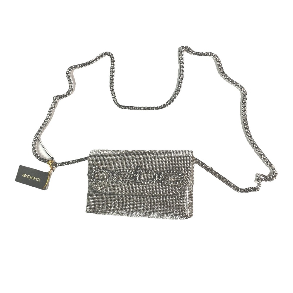 New Bebe Wynn Clutch Silver Rhinestone chain strap Crossbody Mini bag Prom Party